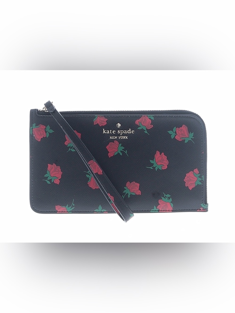kate spade Black Floral L-Zip Wristlet with Red Roses. NWOT